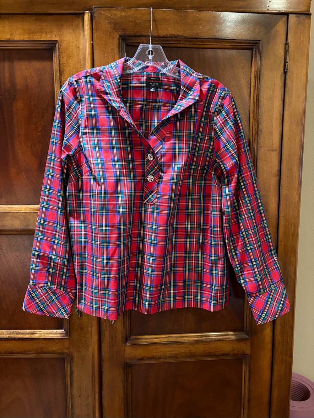 Talbots Red Plaid Button-Front Long Sleeve Top